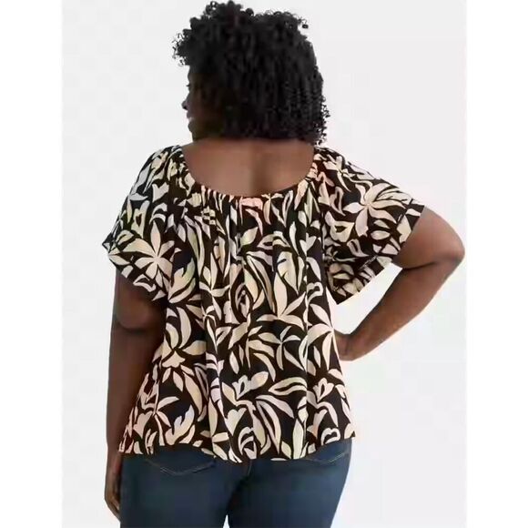 Terra & Sky plus peasant linen black and tan blouse plus size 3X - Picture 3 of 13